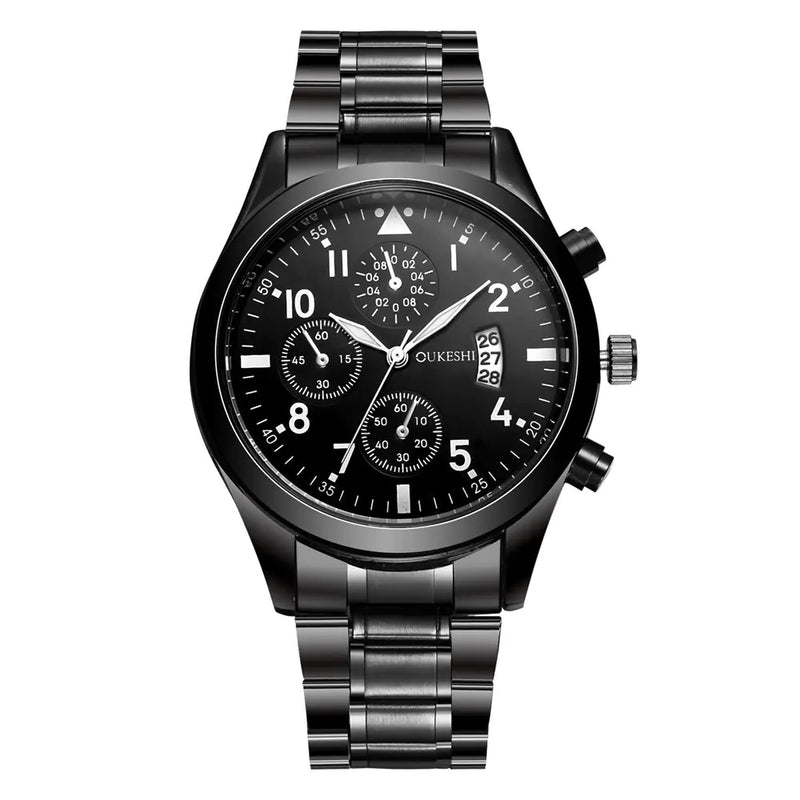 Men's Waterproof Calendar Watch with Black Steel Band